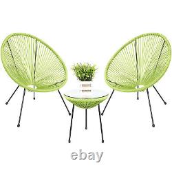 Ensemble de mobilier de jardin Bistro composé de 3 pièces : chaise oeuf suspendue avec cordelette et table en verre pour patio extérieur.