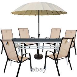 Ensemble de mobilier de jardin extérieur comprenant une table de 180 cm, des chaises empilables et un parasol pour patio en extérieur.