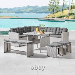 Ensemble de salle à manger de meubles de jardin en forme de L gris avec banc pour patio extérieur