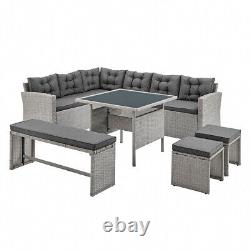 Ensemble de salle à manger de meubles de jardin en forme de L gris avec banc pour patio extérieur