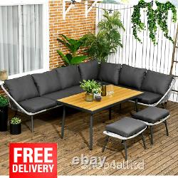 Ensemble de salle à manger en rotin gris 6 places avec canapé d'angle, table et mobilier de jardin pour patio extérieur.