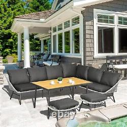 Ensemble de salle à manger en rotin gris 6 places avec canapé d'angle, table et mobilier de jardin pour patio extérieur.