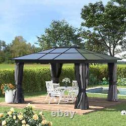 Pergola de jardin extérieure durable avec toit rétractable et rideaux noirs/gris.