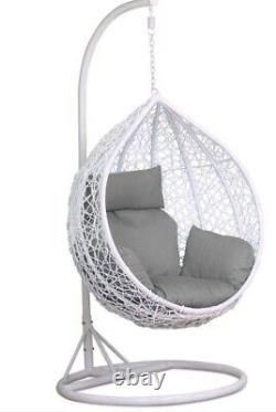 Rattan Swing Suspension Egg Chaise Jardin Intérieur Extérieur Patio Avec Coussins Blanc