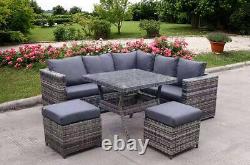 Table d'angle de jardin en rotin et osier avec chaises - Ensemble de meubles de patio gris