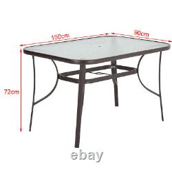Table de jardin en verre trempé avec trou pour parasol, pour patio en métal, pour salle à manger extérieure de bistro